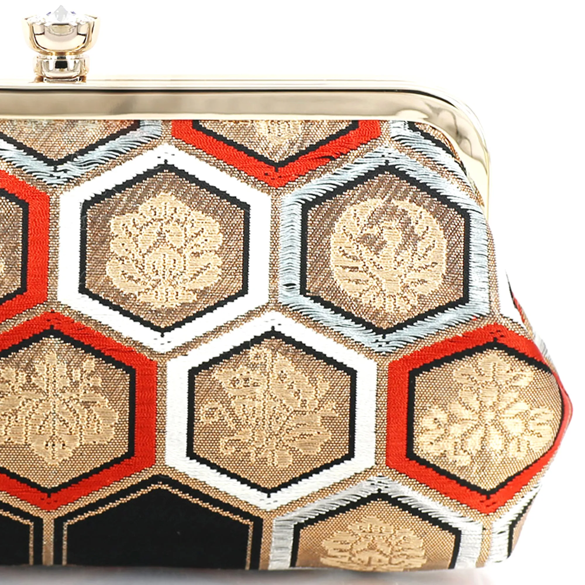 Kimono Obi Crystal Clutch Purse with Hexagon Kikko in Black Red and Gold