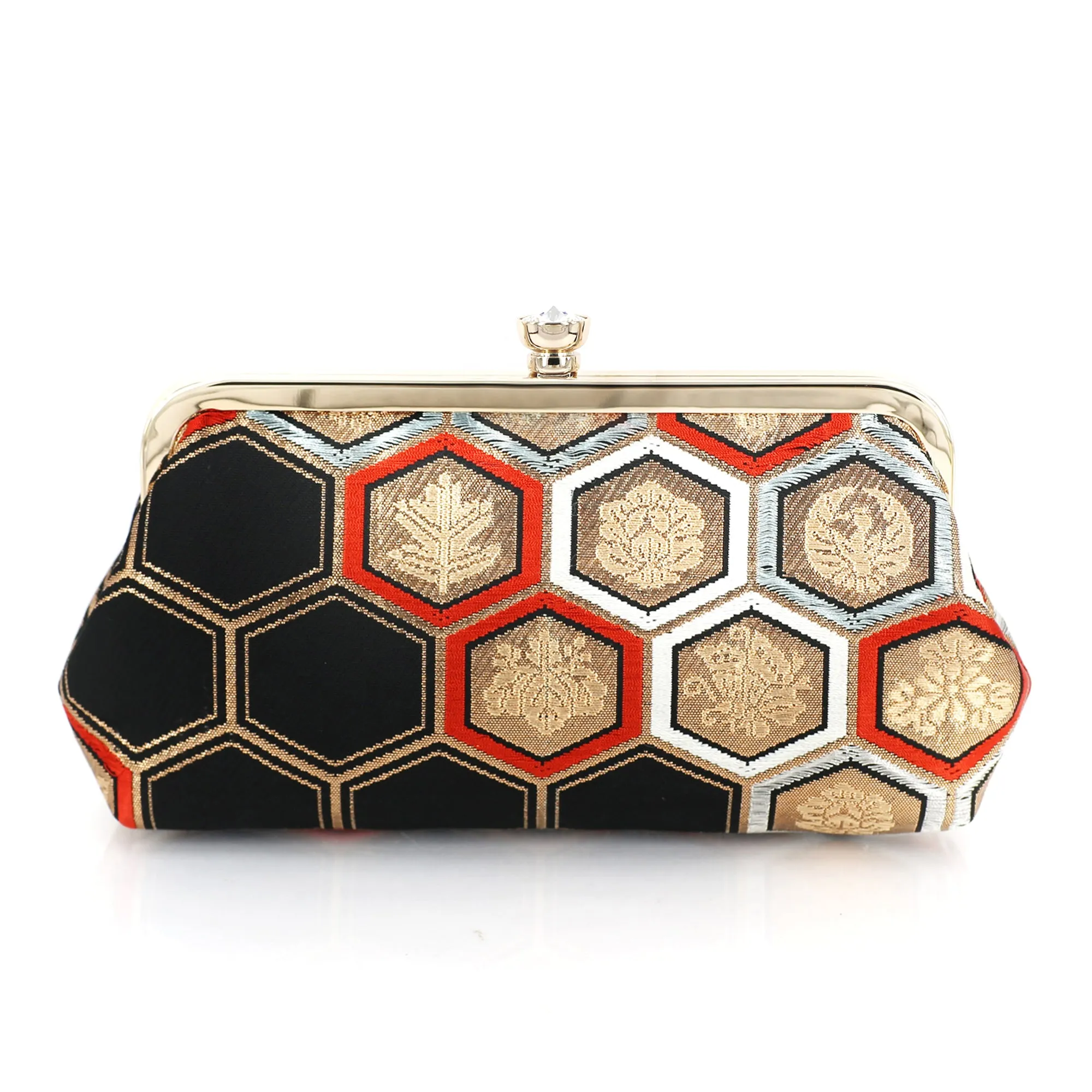 Kimono Obi Crystal Clutch Purse with Hexagon Kikko in Black Red and Gold