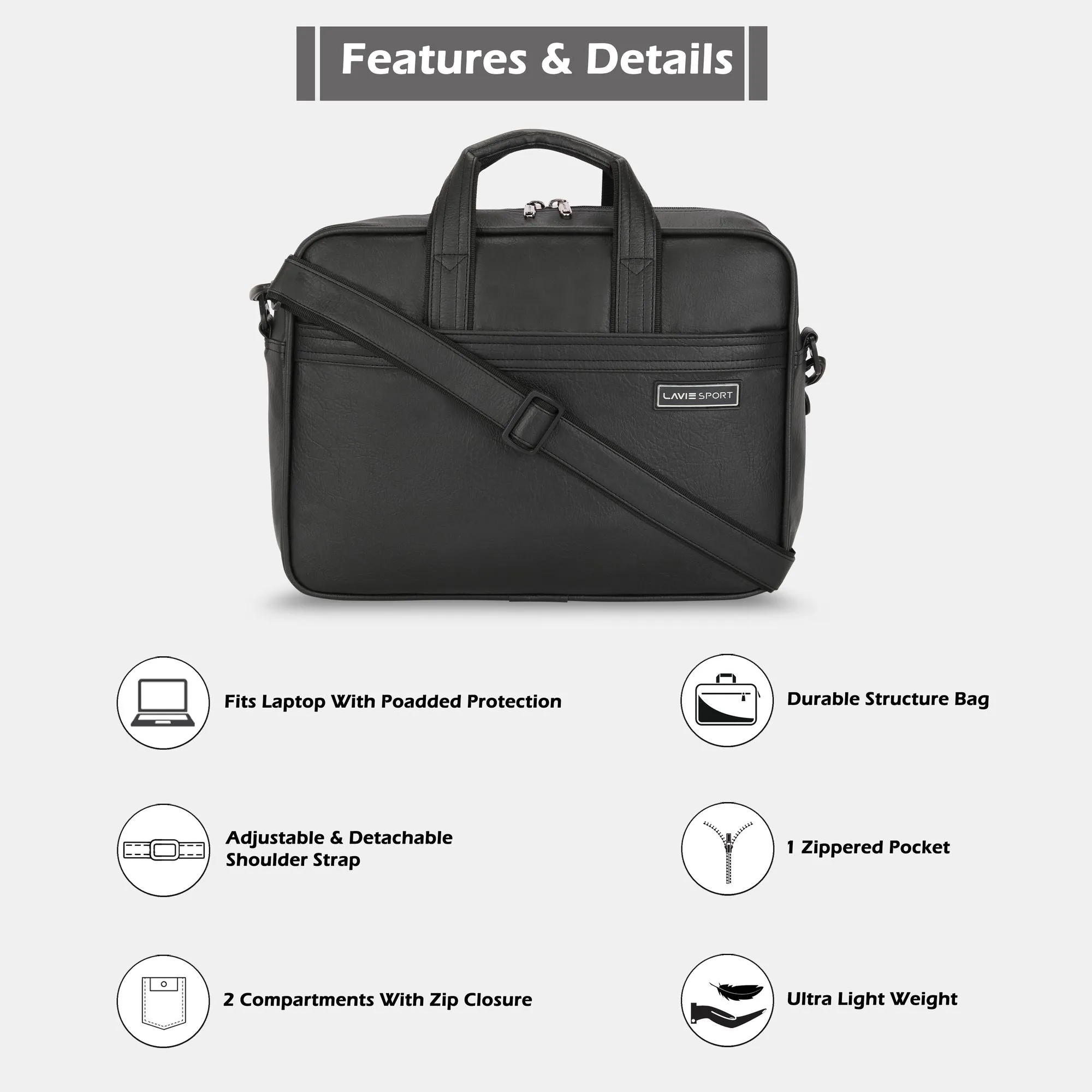 Lavie Sport 2 Compartments Executive Unisex Laptop Briefcase Bag Black