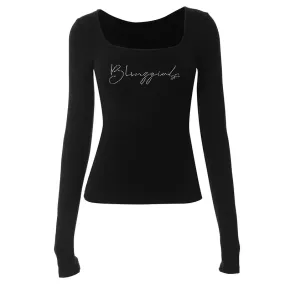 Letters Rhinestone T Shirt Long Sleeve Scoop Neck Y2k Crop Tops for Women Streetwear Black Graphic Tees P85-BD16