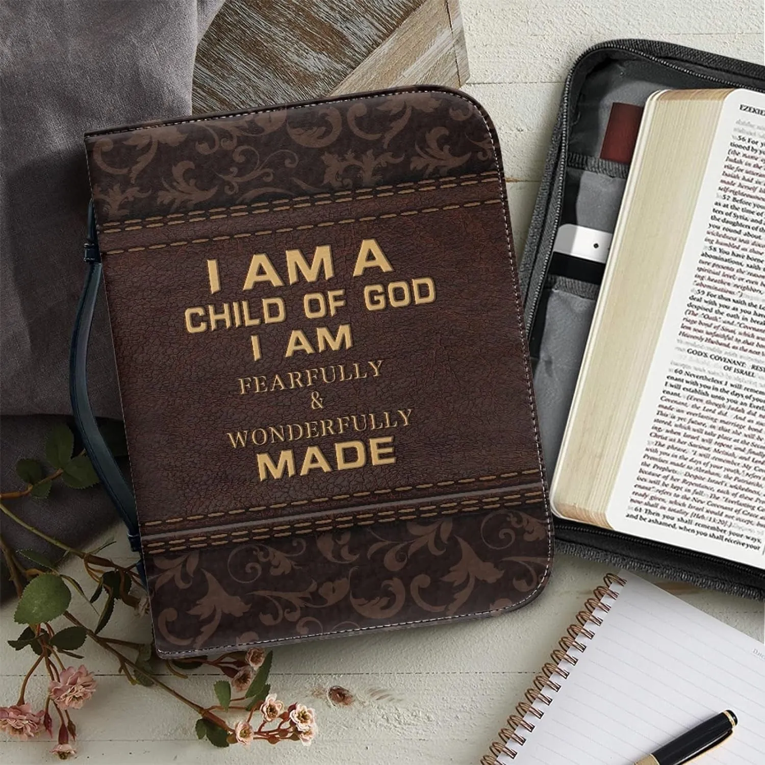 Lord Quotes Bible Cover Bag with Pockets, Brown Damask Print Book Sleeve PU Leather Zipper Case for Study Bible Small Large