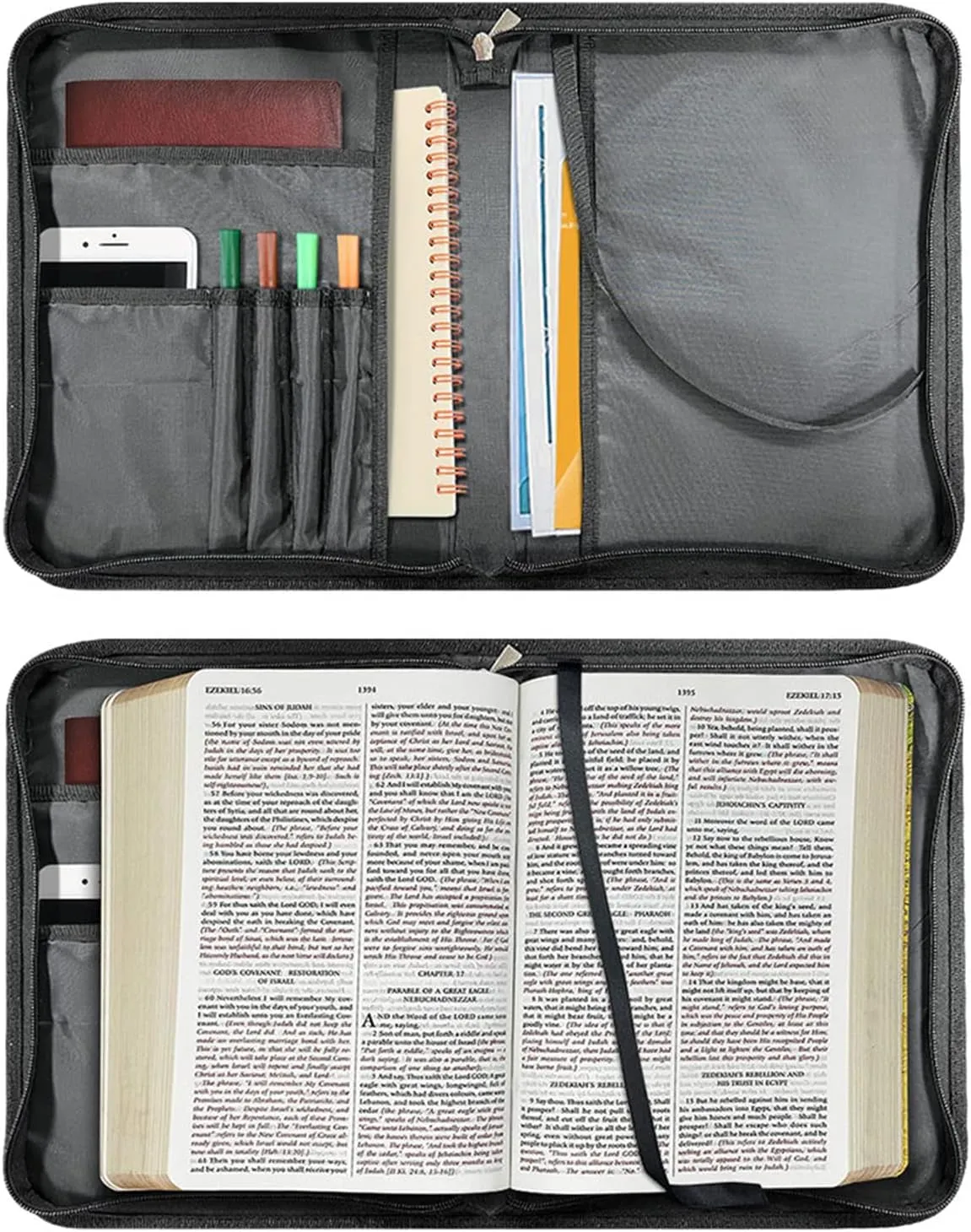 Lord Quotes Bible Cover Bag with Pockets, Brown Damask Print Book Sleeve PU Leather Zipper Case for Study Bible Small Large