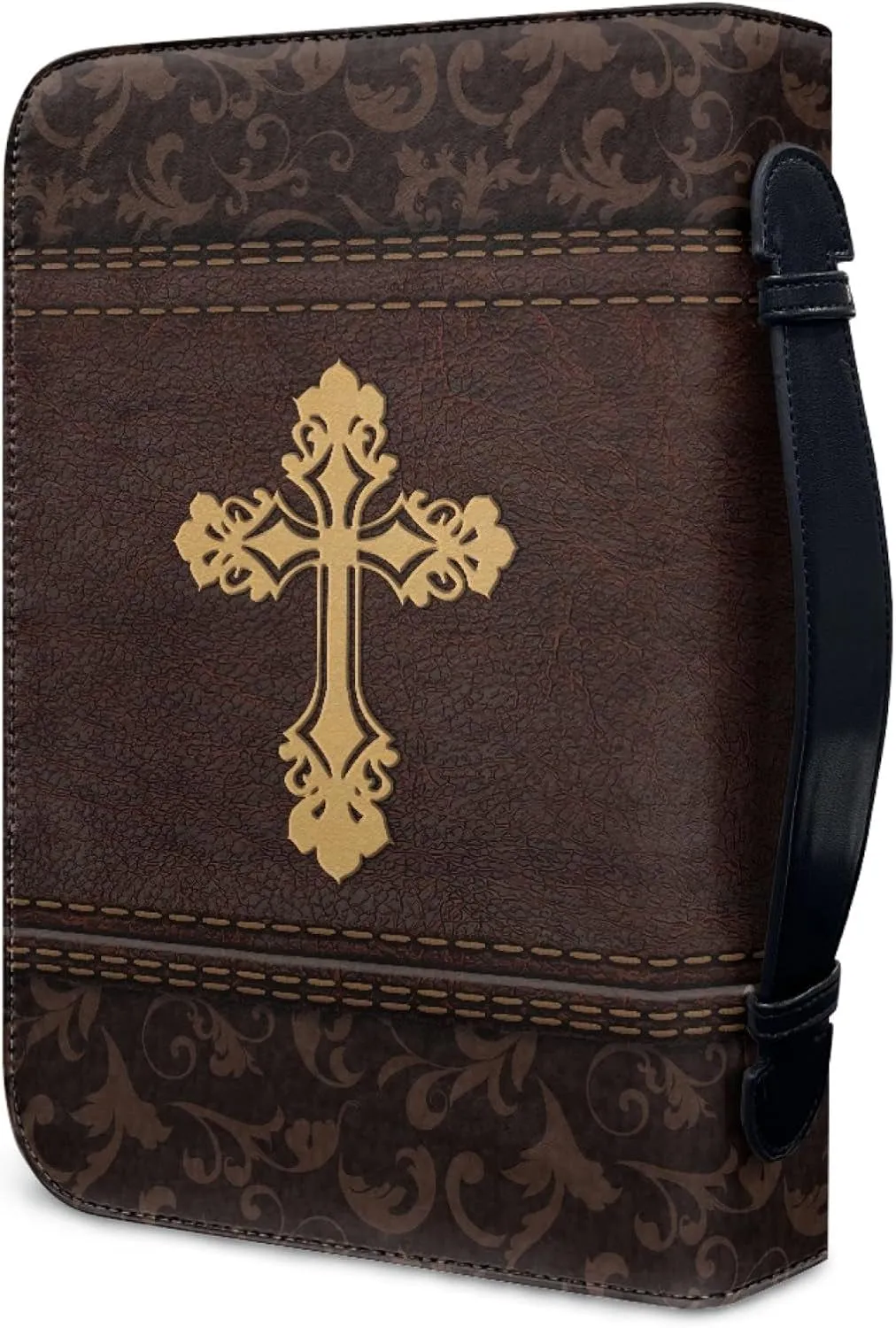 Lord Quotes Bible Cover Bag with Pockets, Brown Damask Print Book Sleeve PU Leather Zipper Case for Study Bible Small Large