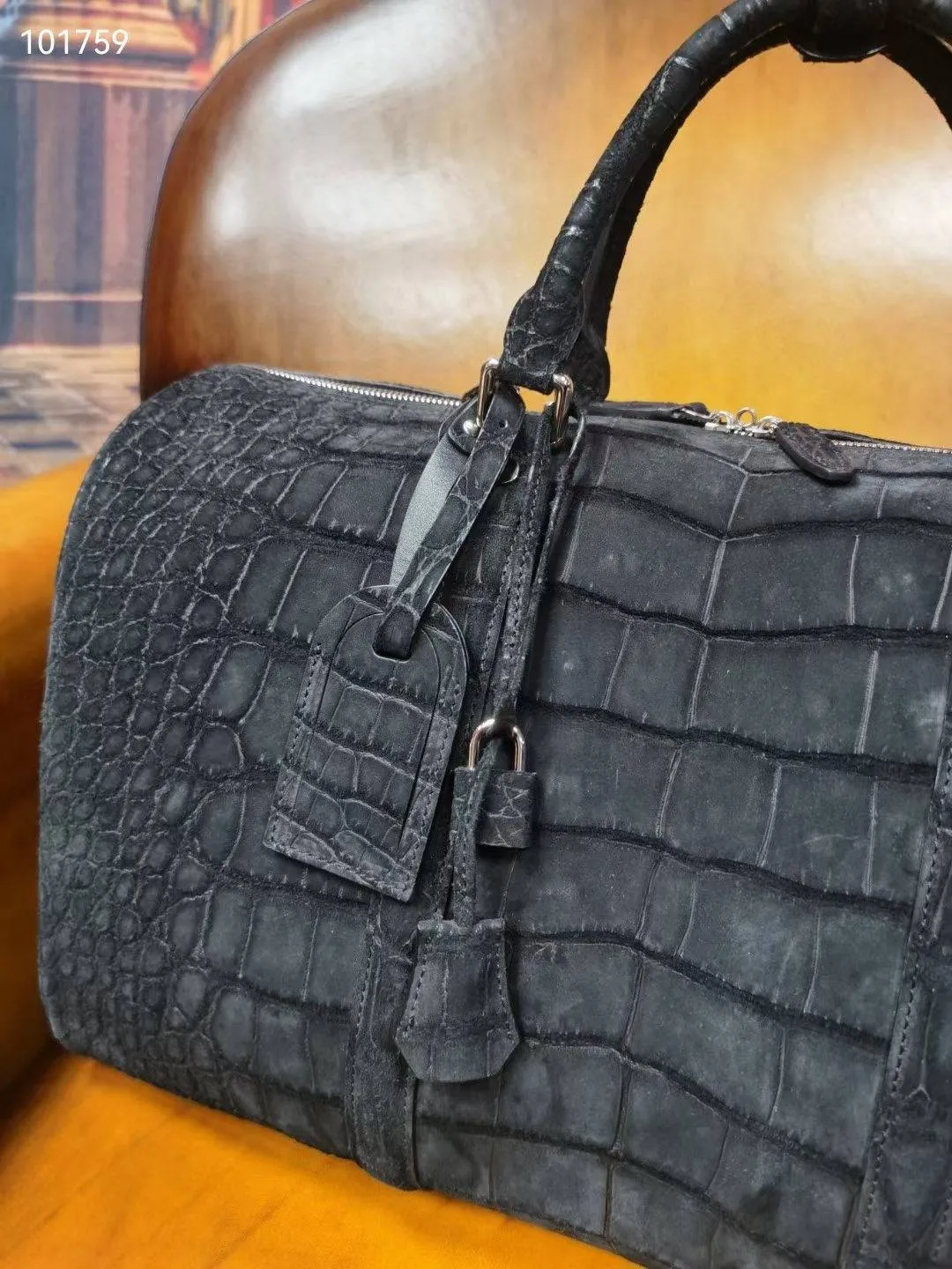 Men's Sanded Crocodile Leather Large Travel Duffle Bag