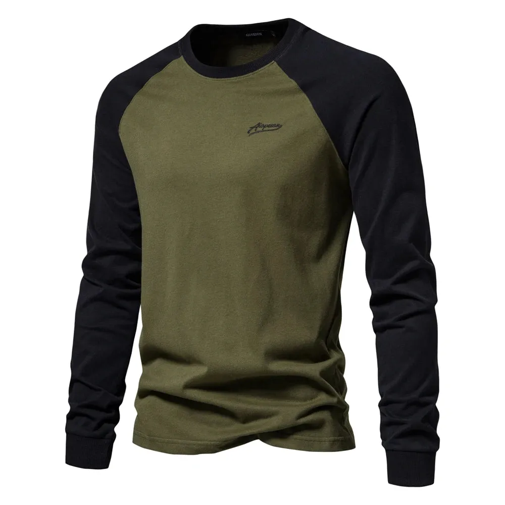 Men's T-shirts 100% Cotton Long Sleeve O-neck Pactwork Casual T shirts for Men Spring Designer Tees Men Clothing