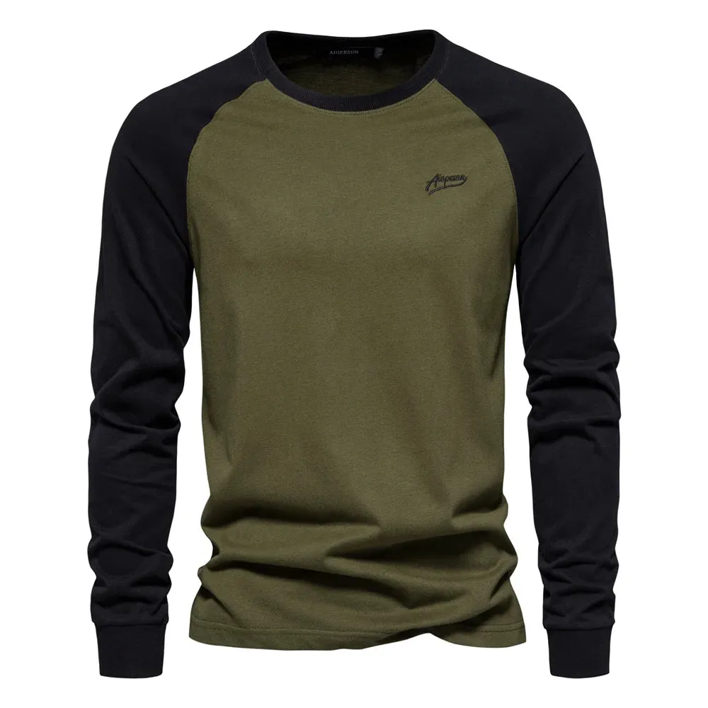 Men's T-shirts 100% Cotton Long Sleeve O-neck Pactwork Casual T shirts for Men Spring Designer Tees Men Clothing