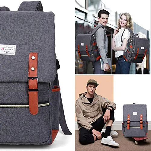 Modoker Vintage Laptop Backpack With USB Charging Port Lightweight School College Bag Bookbag Rucksack Fits 15-inch Notebook, Grey