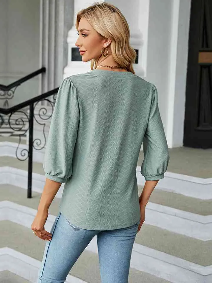 Notched Neck Three-Quarter Sleeve Blouse