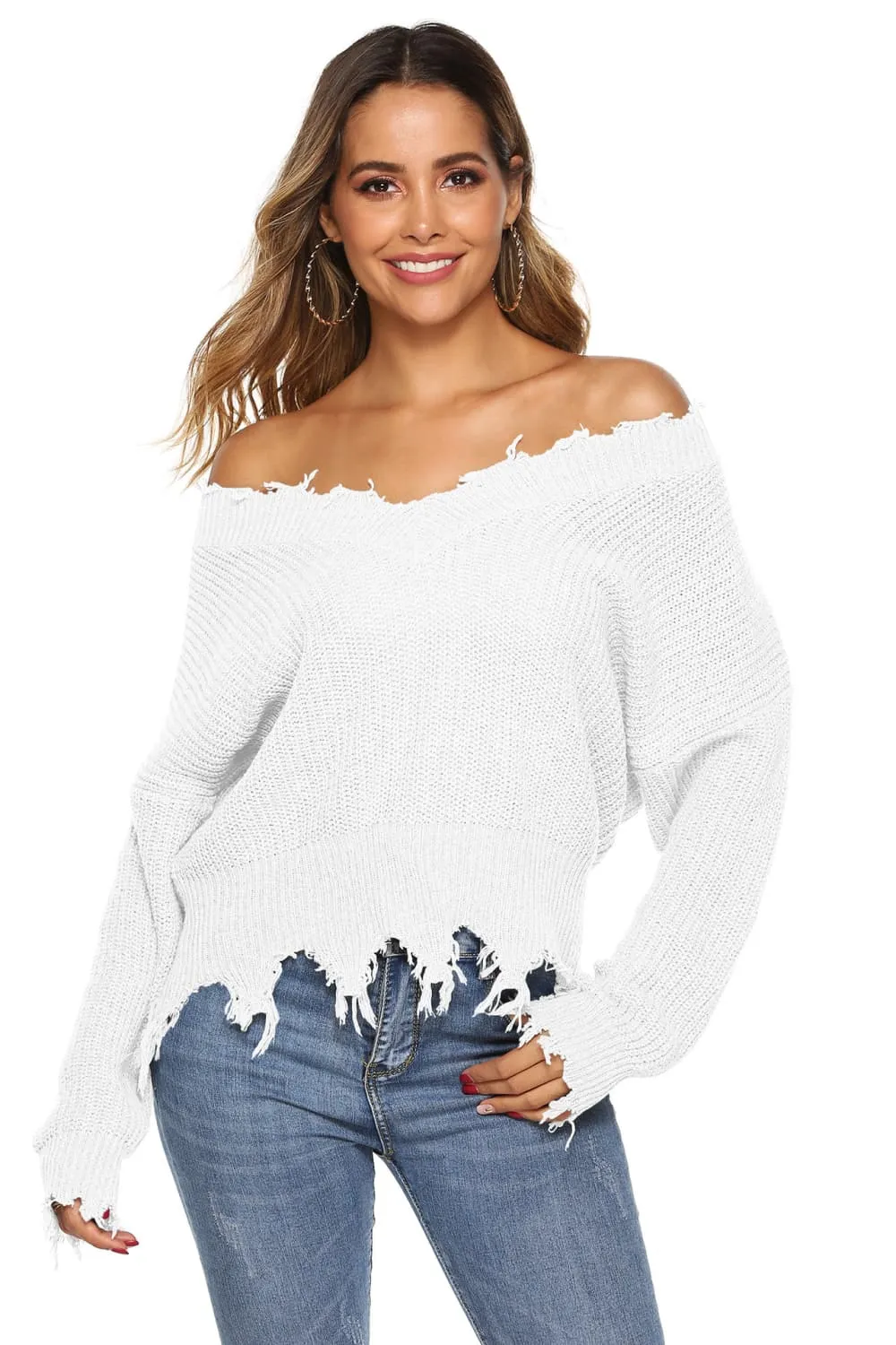 Off-Shoulder Ribbed Long Sleeve Raw Hem Sweater