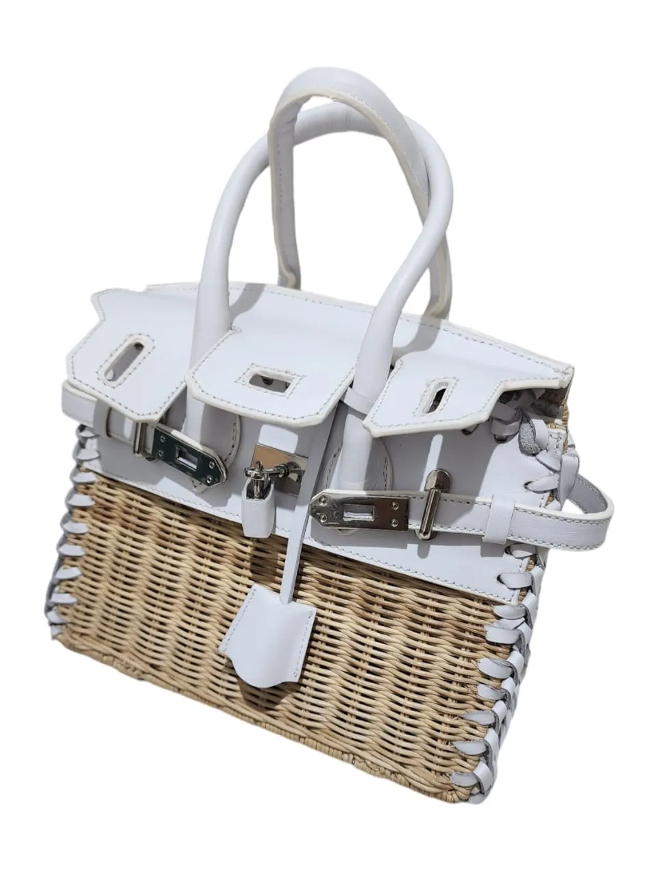 Only 1 left1! White genuine leather - Handmade wicker bag, Small size (25cm)