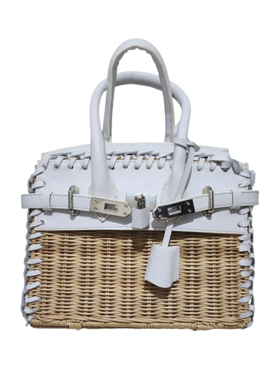 Only 1 left1! White genuine leather - Handmade wicker bag, Small size (25cm)