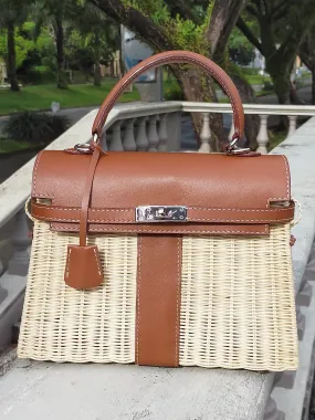 Only left 1. Brown genuine leather - Handmade wicker bag, Medium size (31cm)