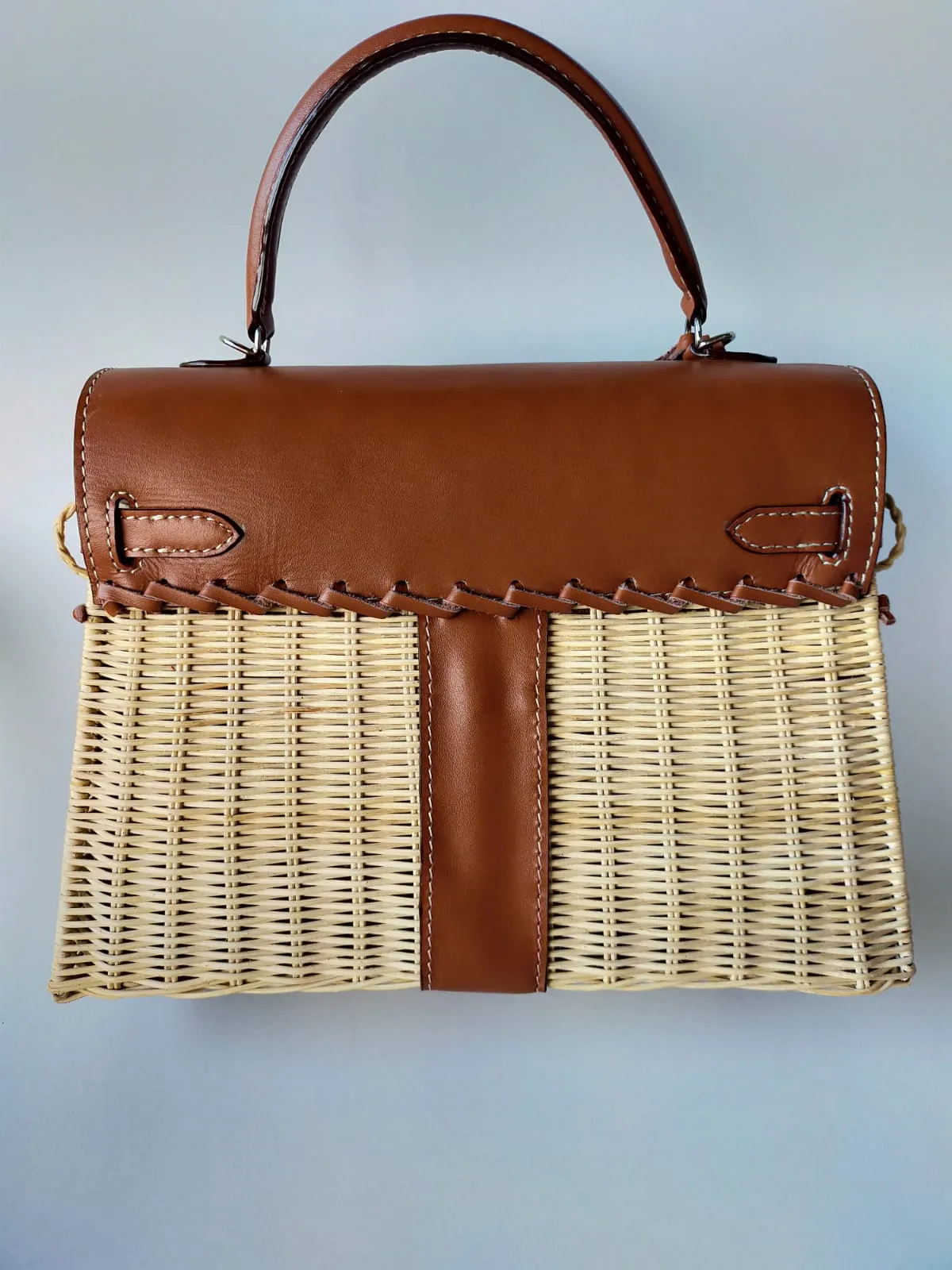 Only left 1. Brown genuine leather - Handmade wicker bag, Medium size (31cm)