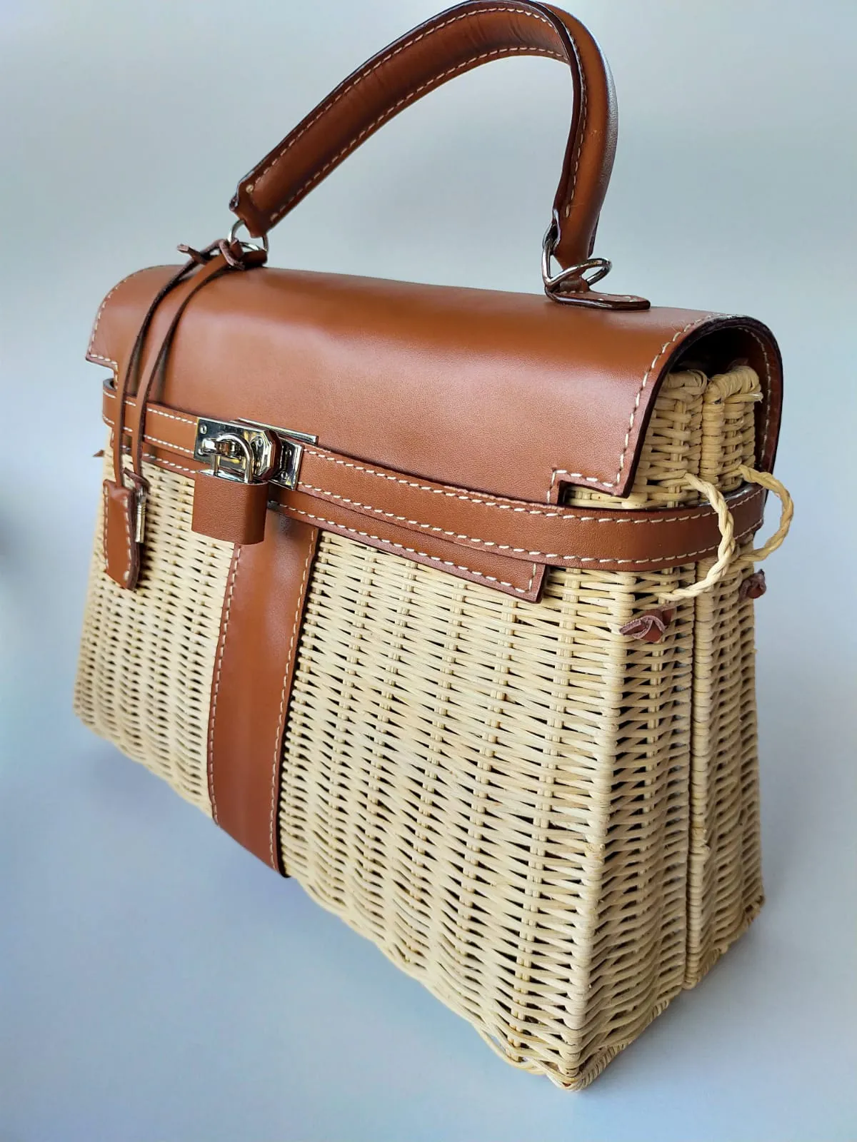 Only left 1. Brown genuine leather - Handmade wicker bag, Medium size (31cm)