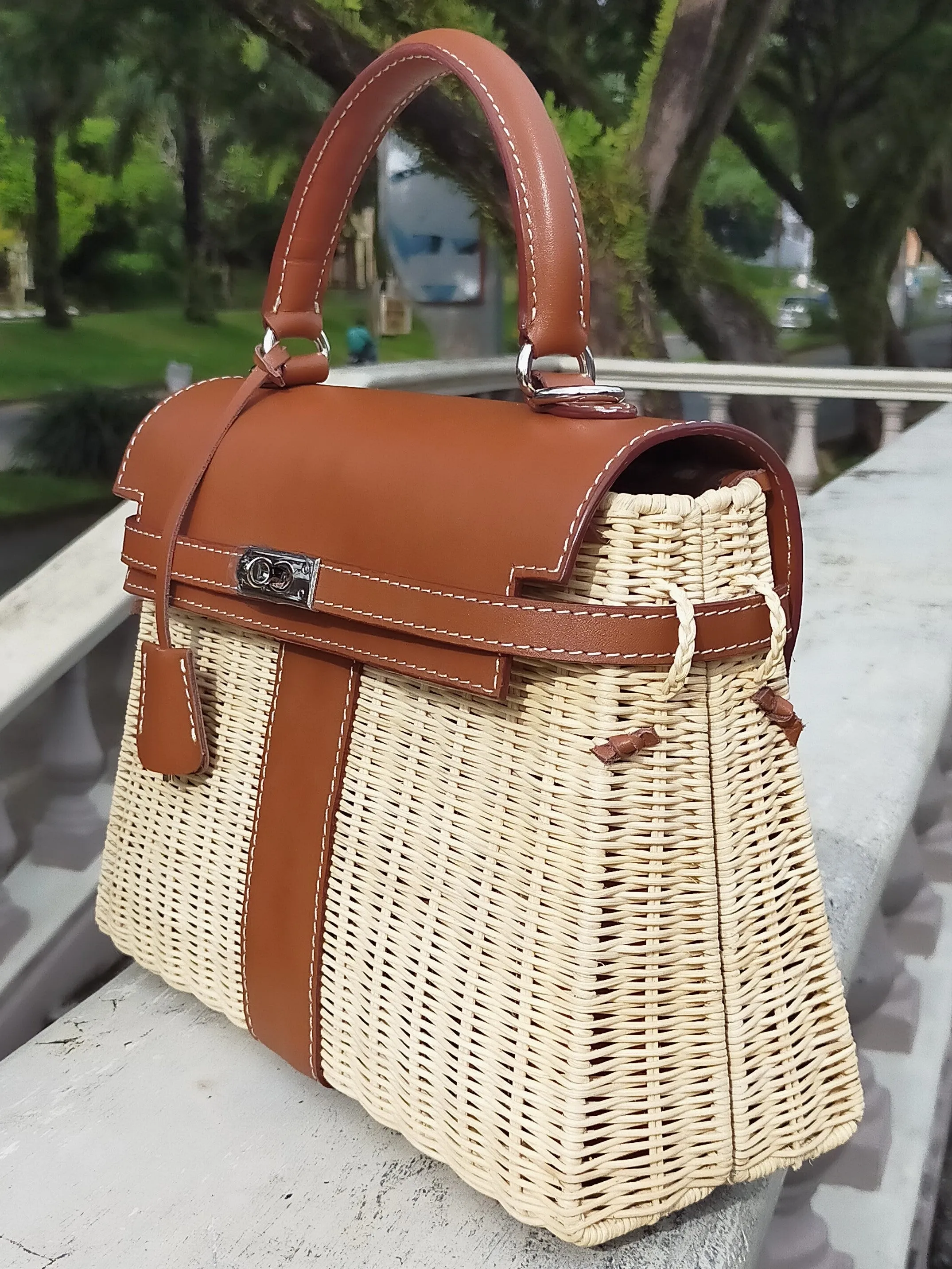 Only left 1. Brown genuine leather - Handmade wicker bag, Medium size (31cm)