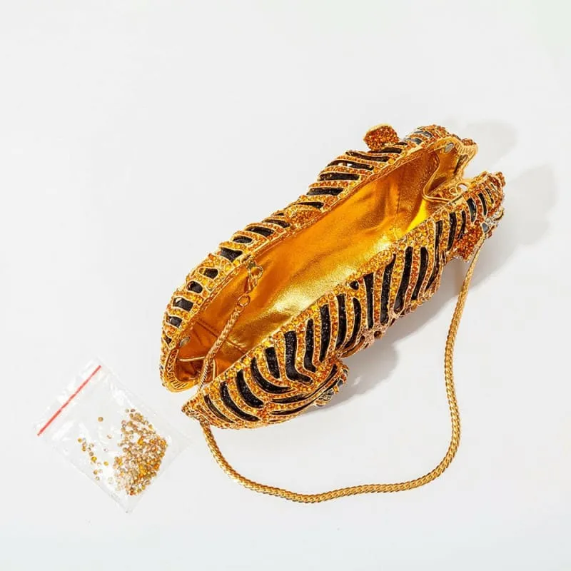 Ornate Metal Bling Rhinestonetiger Evening Luxury Clutch Bag