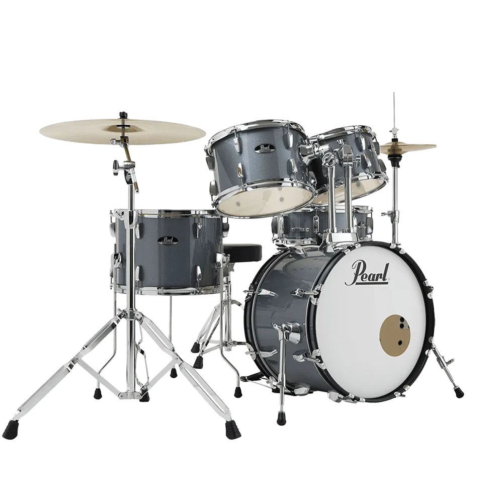 Pearl ROADSHOW CHARCOAL METALLIC 5 Pc Drum Kit (18" kick) w/ Hardware Throne Cymbals (Only 14HH 16C)