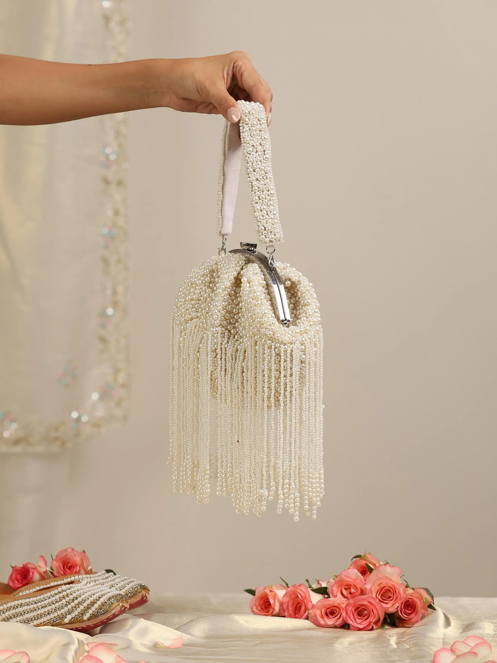 Pearl White Long Beaded Clutch Bag