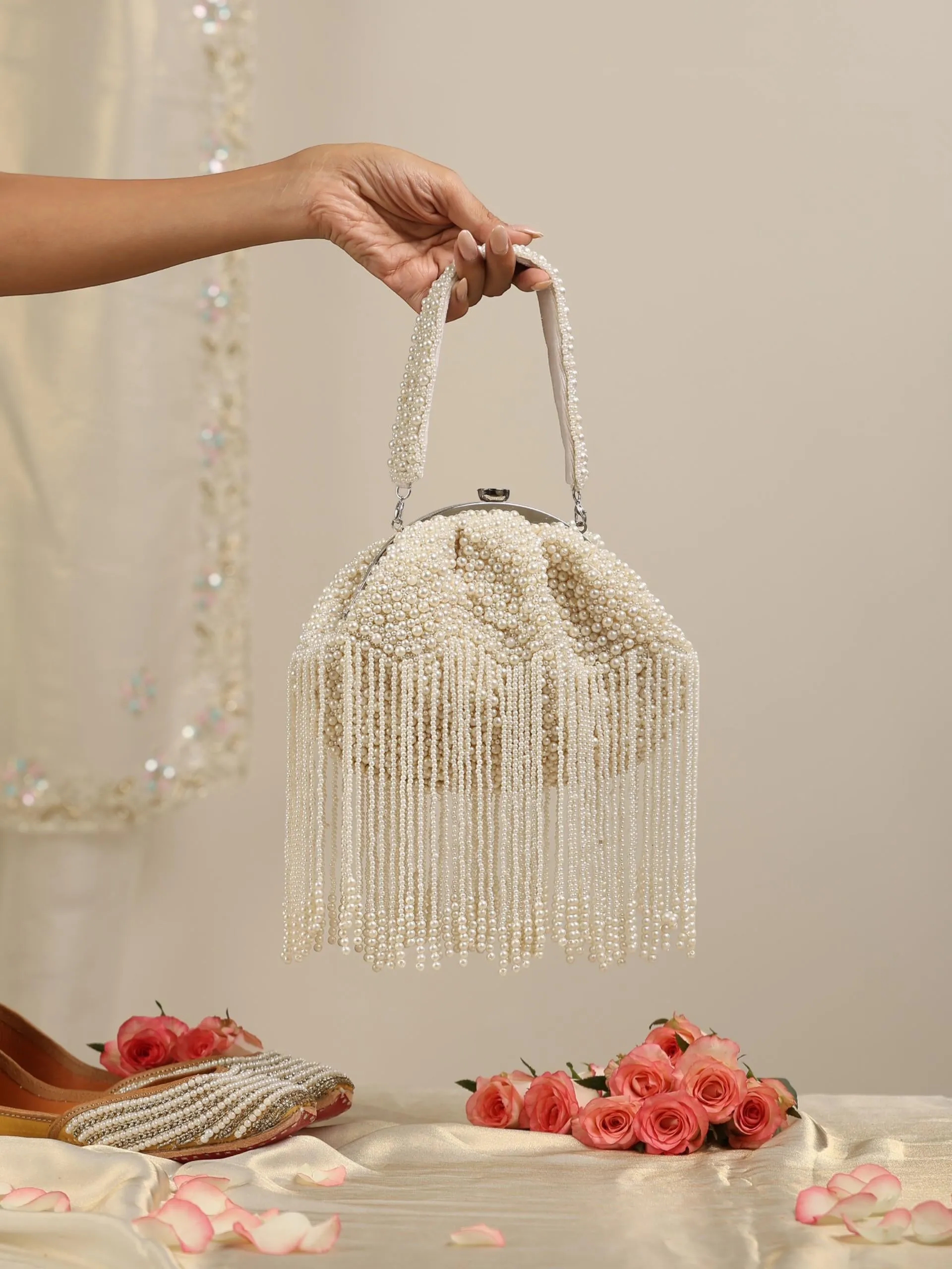 Pearl White Long Beaded Clutch Bag