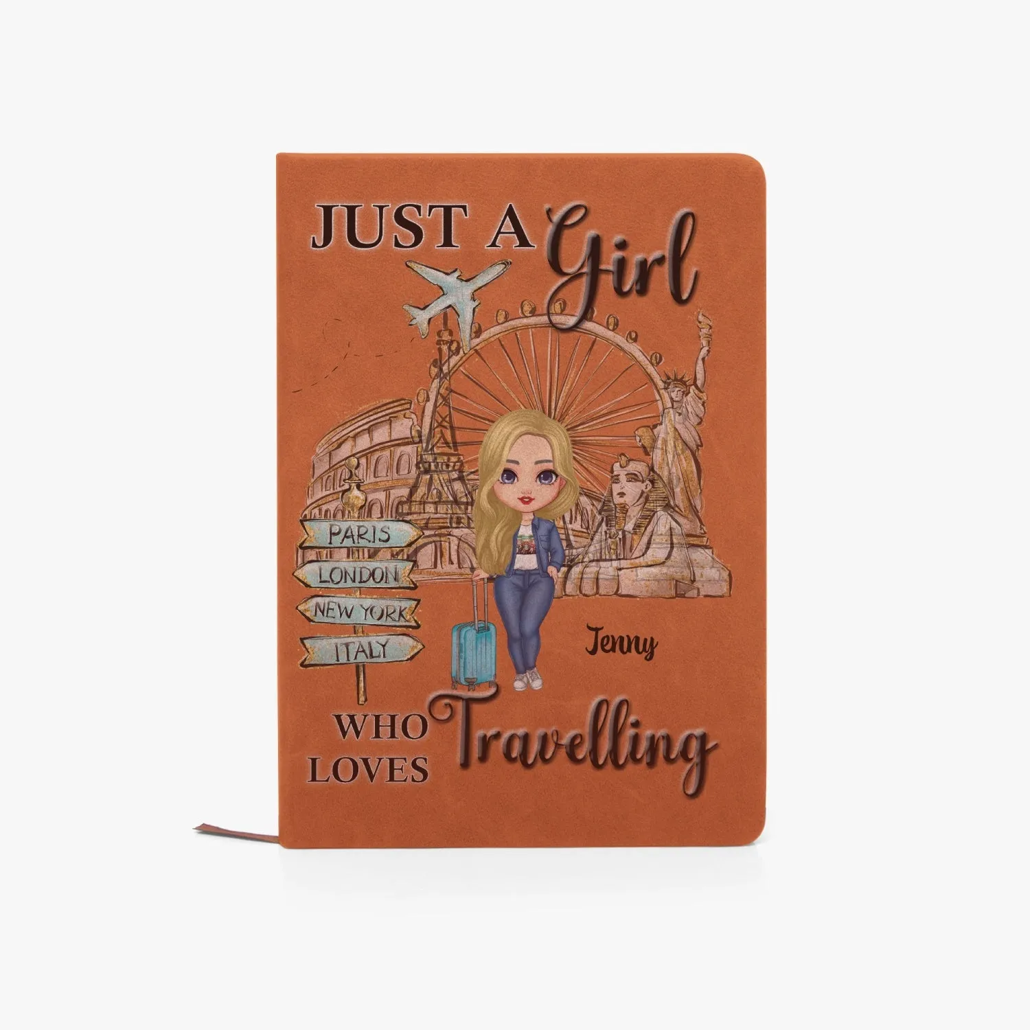 Personalised PU Leather Journal Notebook, Just a Girl who Loves Travelling, Blonde Hair