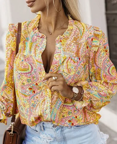 Printed Frill Flounce Sleeve Shirt