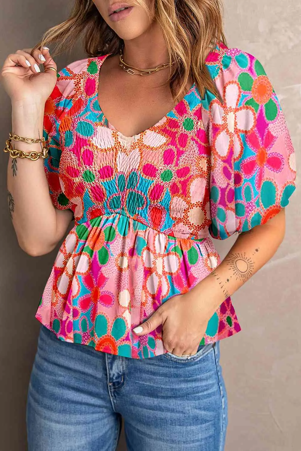 Printed V-Neck Babydoll Blouse