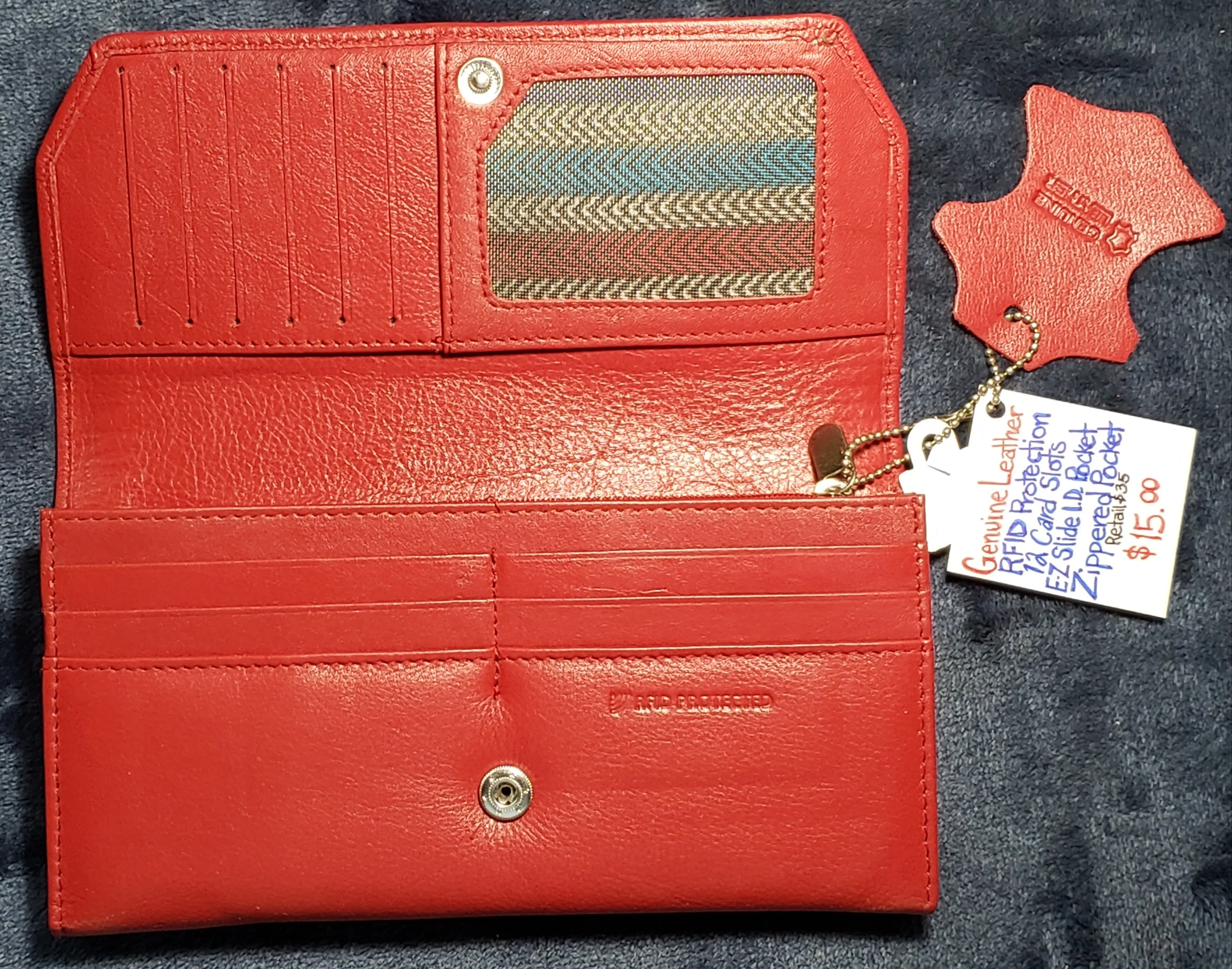 Red, Genuine Leather "Union Code" Clutch / Wallet. RFID Protection, 12 Card Slots, E.Z. Slide I.D. Pocket, Zipper Closure