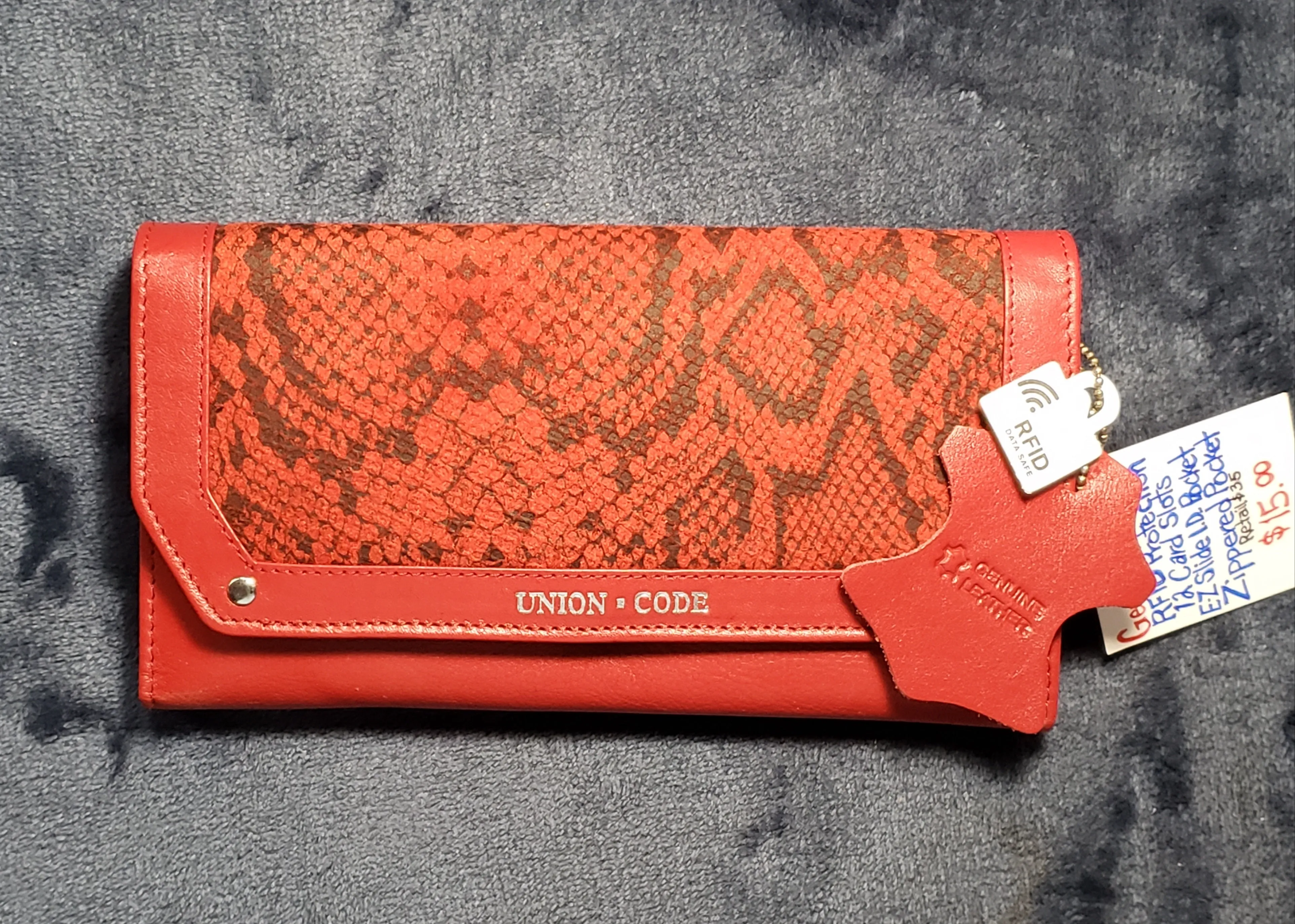 Red, Genuine Leather "Union Code" Clutch / Wallet. RFID Protection, 12 Card Slots, E.Z. Slide I.D. Pocket, Zipper Closure