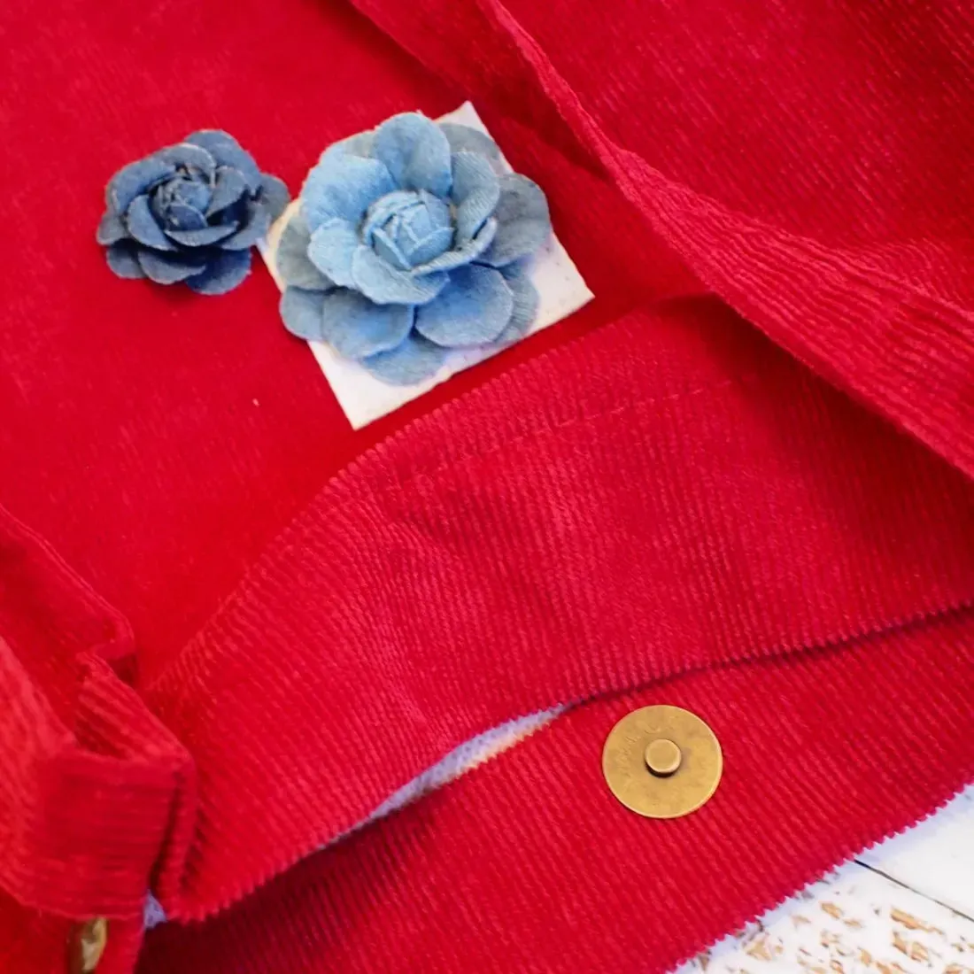 Red Maile Denim Floral Corduroy Tote Bag