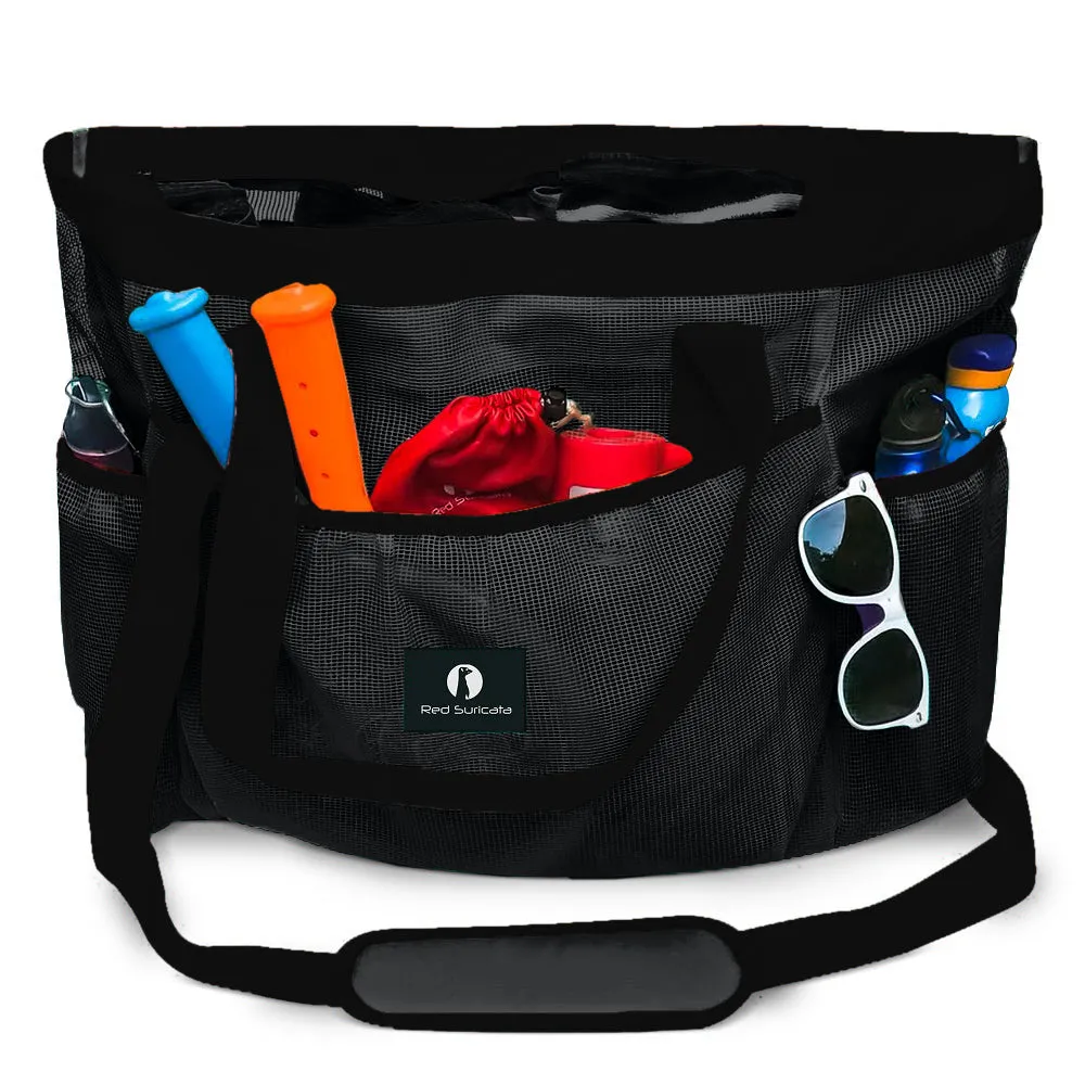 Red Suricata XL Mesh Beach Bag Tote -  Black & Black