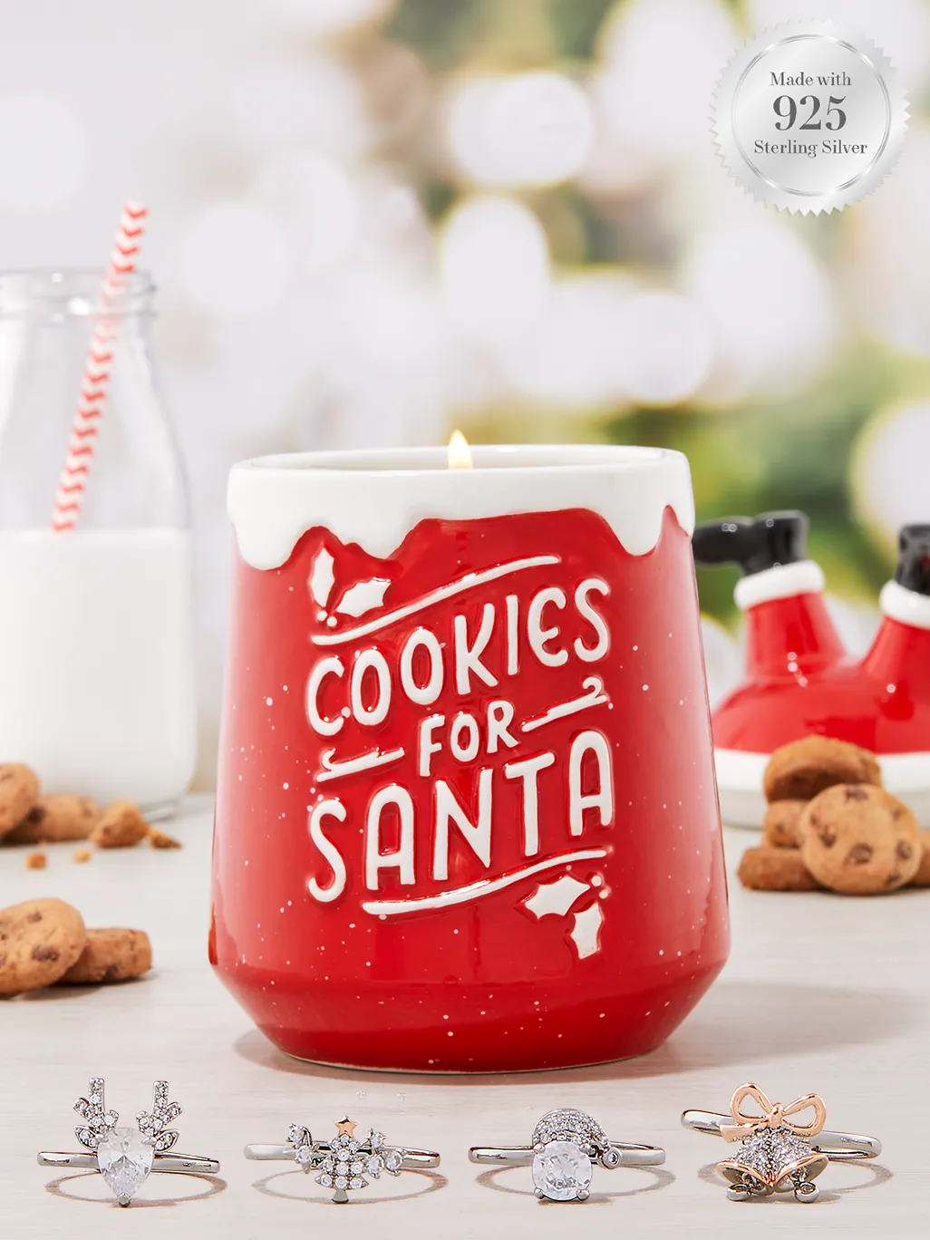 Santa Cookie Jar Candle - 925 Sterling Silver Holiday Adjustable Ring Collection