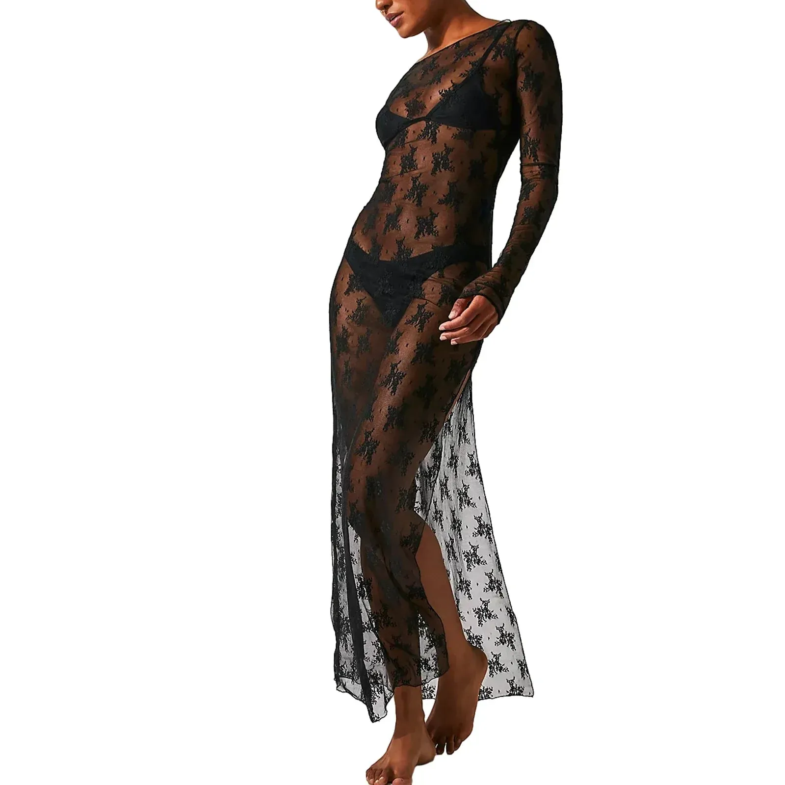 See-Through Lace Round Neck Slit Hem Chemise Bikni Cover Ups Vacation Casual Women’s Dress