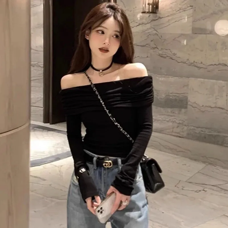 Sexy Slash Neck Black Y2k Women's T-shirts High Street Slim Solid Color Long Sleeve Fashion Female Blouses Slight Stretch