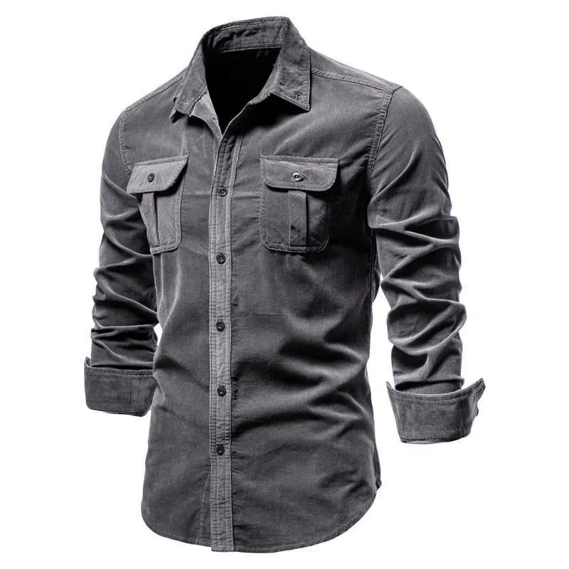 Single Breasted 100% Cotton Men's Shirt Business Casual Fashion Solid Color Corduroy Men Shirts Autumn Slim Shirt Men