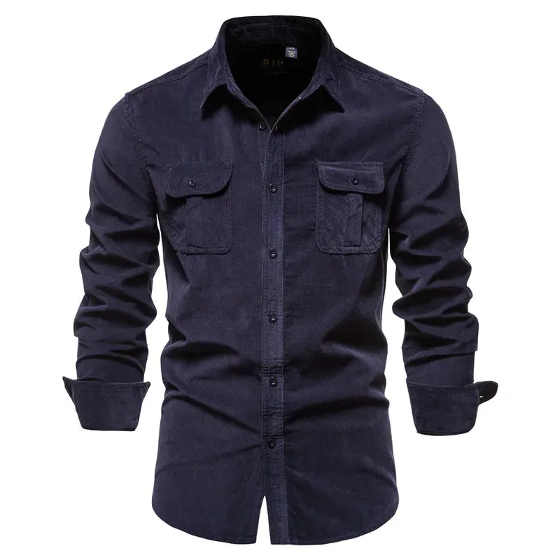 Single Breasted 100% Cotton Men's Shirt Business Casual Fashion Solid Color Corduroy Men Shirts Autumn Slim Shirt Men