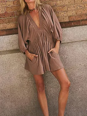 Sleeve Deep V Neck Tunic Casual Loose Flowy Mini Swing Shift Smocked Casual Long Dress