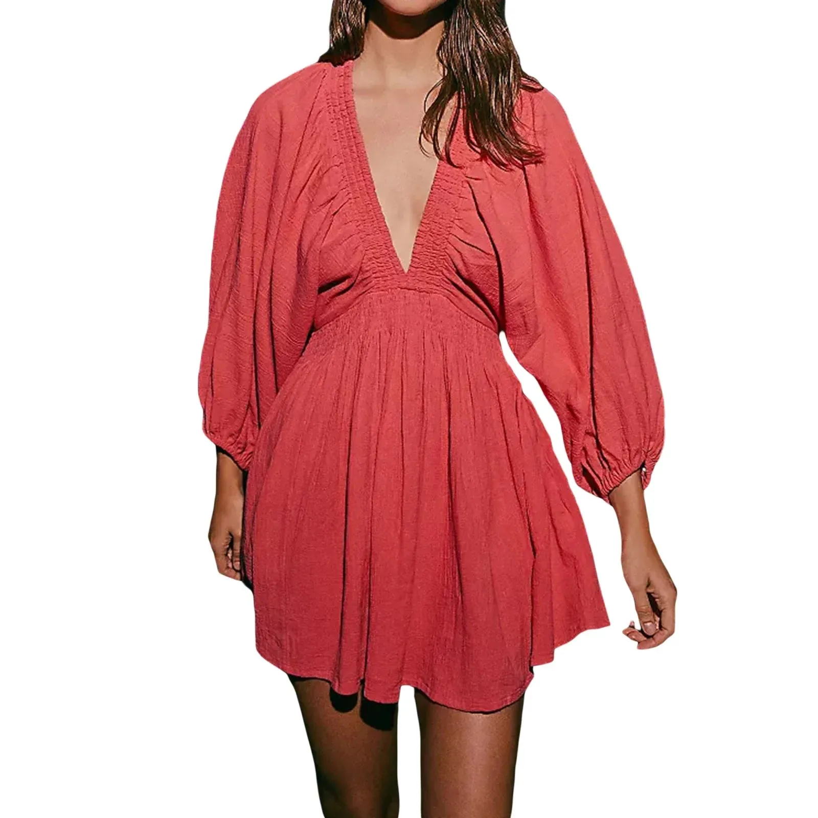 Sleeve Deep V Neck Tunic Casual Loose Flowy Mini Swing Shift Smocked Casual Long Dress