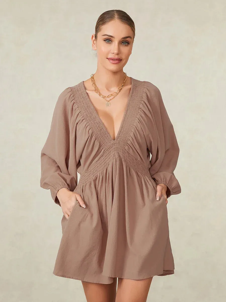 Sleeve Deep V Neck Tunic Casual Loose Flowy Mini Swing Shift Smocked Casual Long Dress