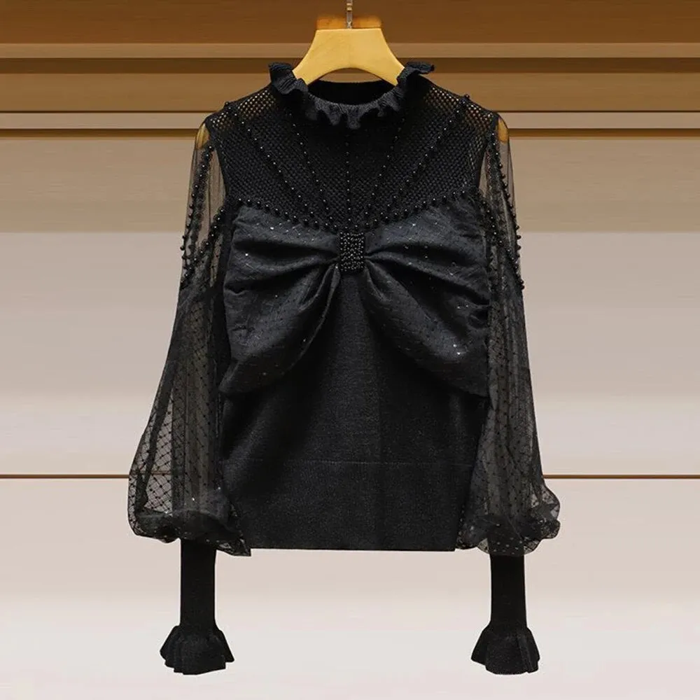 Solid Spliced Bowknot Sweaters For Women Round Neck Lantern Sleeve Patchwork Pearls Knitting Sweater Female Fashion