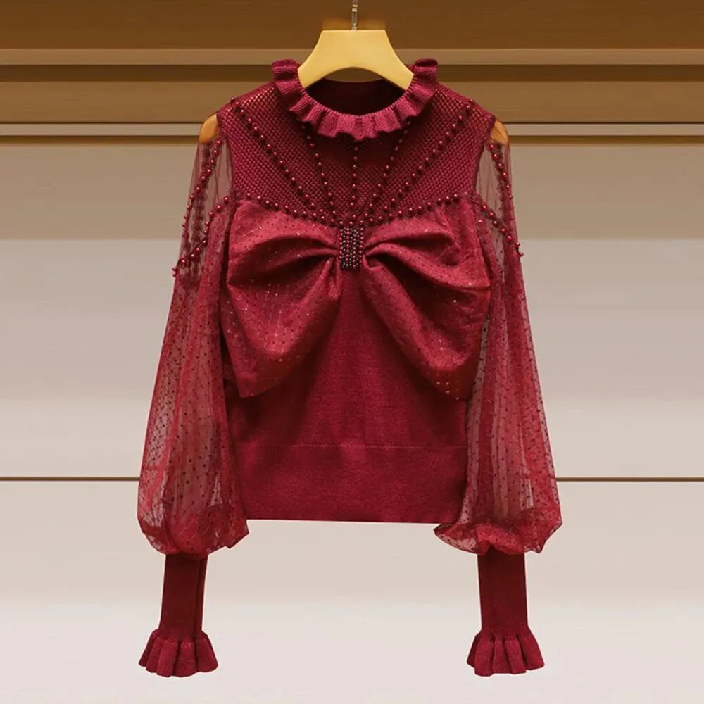 Solid Spliced Bowknot Sweaters For Women Round Neck Lantern Sleeve Patchwork Pearls Knitting Sweater Female Fashion