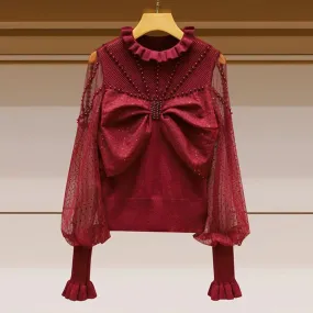 Solid Spliced Bowknot Sweaters For Women Round Neck Lantern Sleeve Patchwork Pearls Knitting Sweater Female Fashion