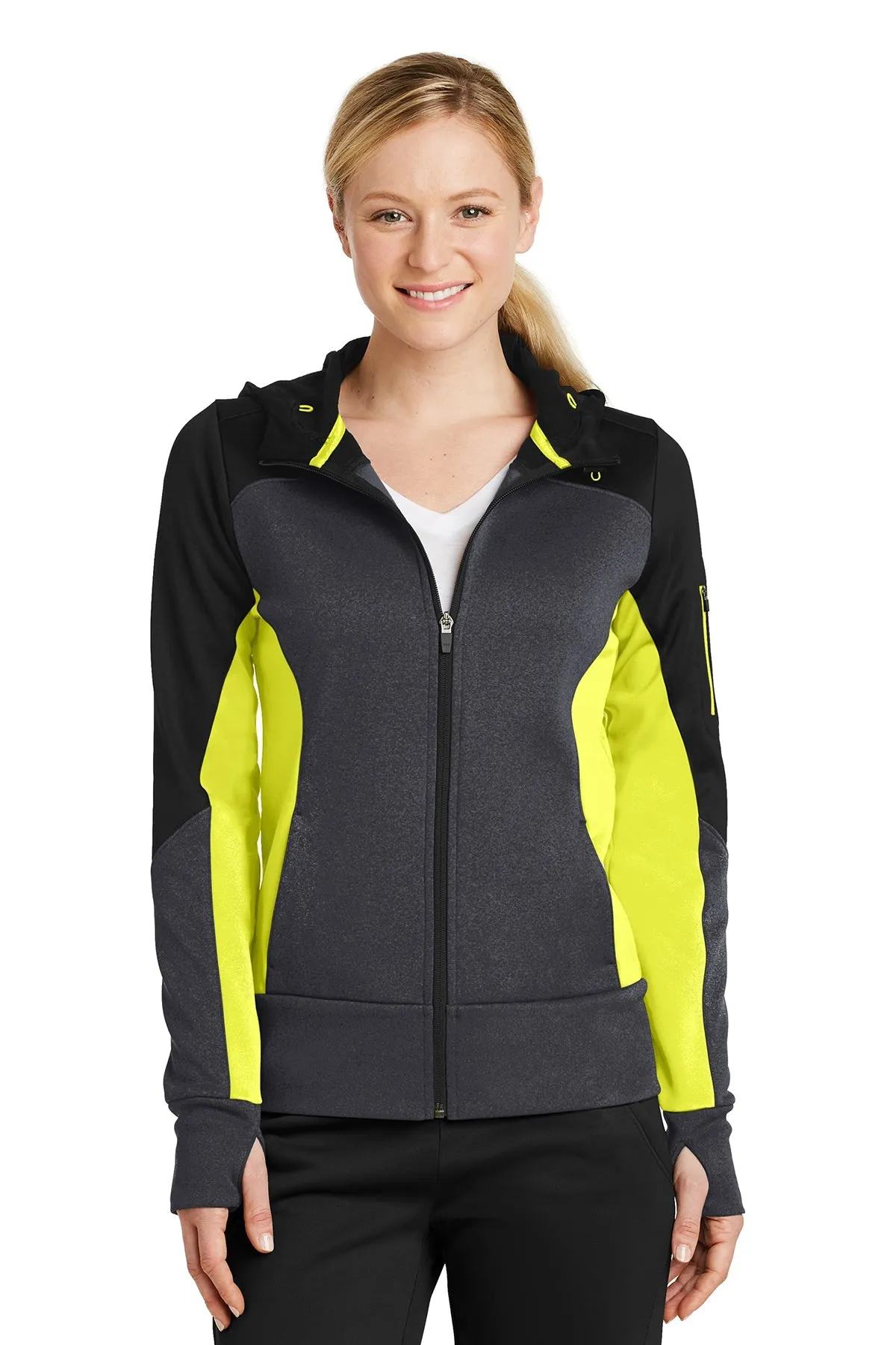 Sport-Tek Ladies Tech Fleece Colorblock Branded Full-Zip Hooded Jackets, Black/ Graphite Heather/ Citron