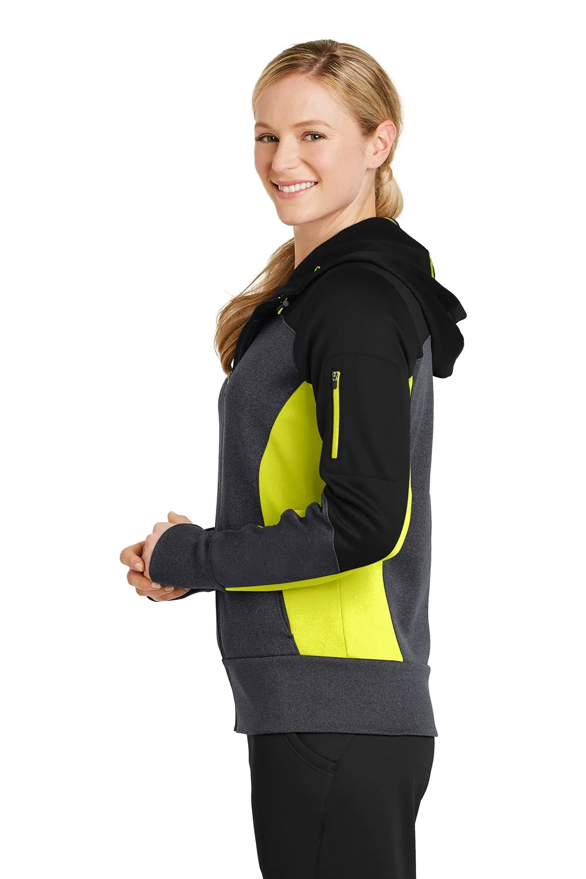 Sport-Tek Ladies Tech Fleece Colorblock Branded Full-Zip Hooded Jackets, Black/ Graphite Heather/ Citron