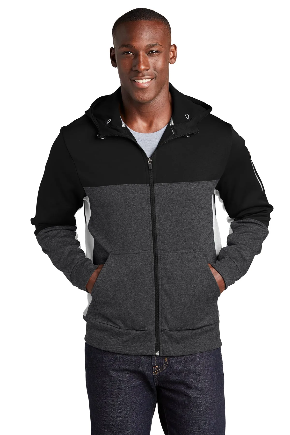 Sport-Tek Tech Fleece Colorblock Branded Full-Zip Hooded Jackets, Black/ Graphite Heather/ White