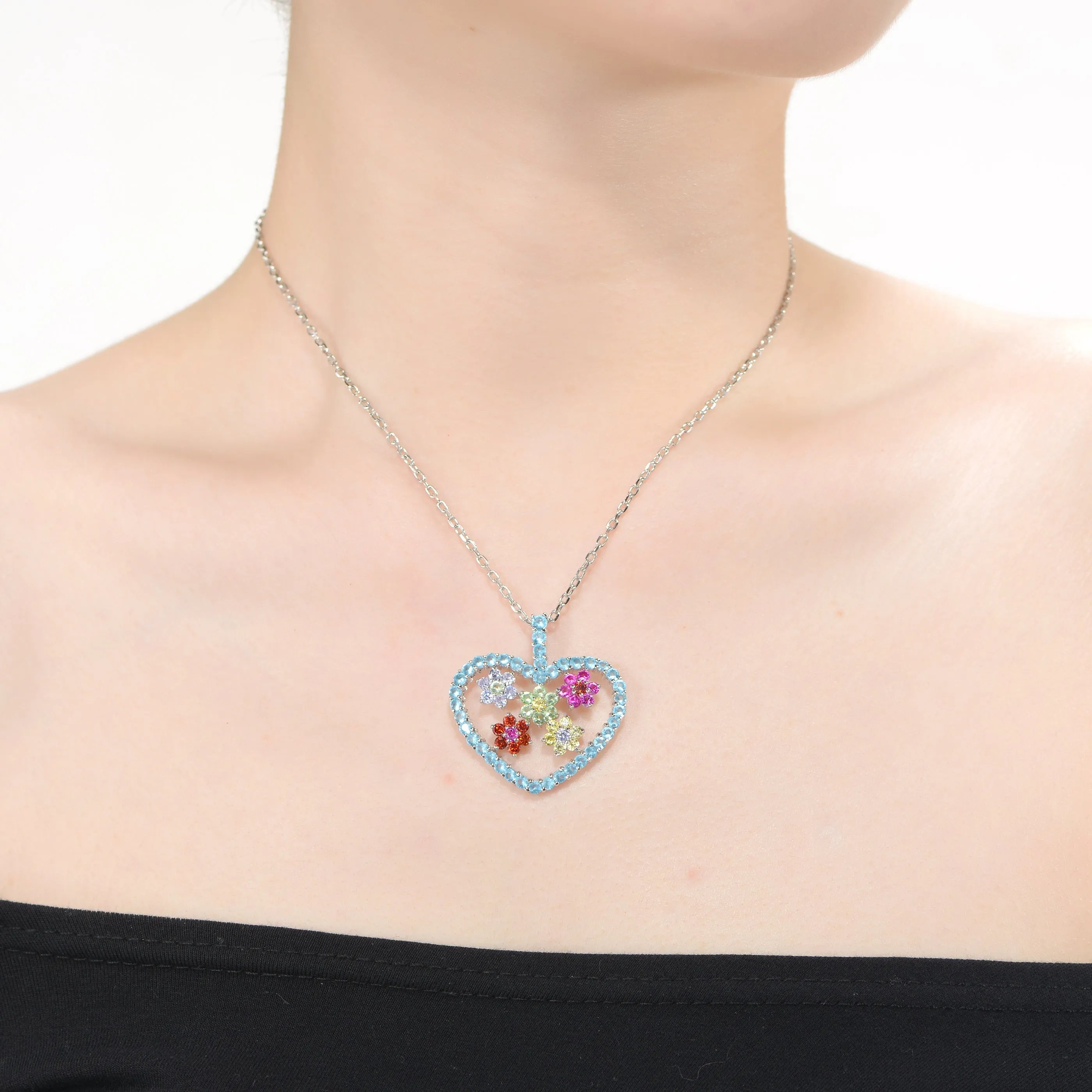 Sterling Silver White Gold Plating with Multi-Colored Cubic Zirconia Heart Shaped Pendant Necklace