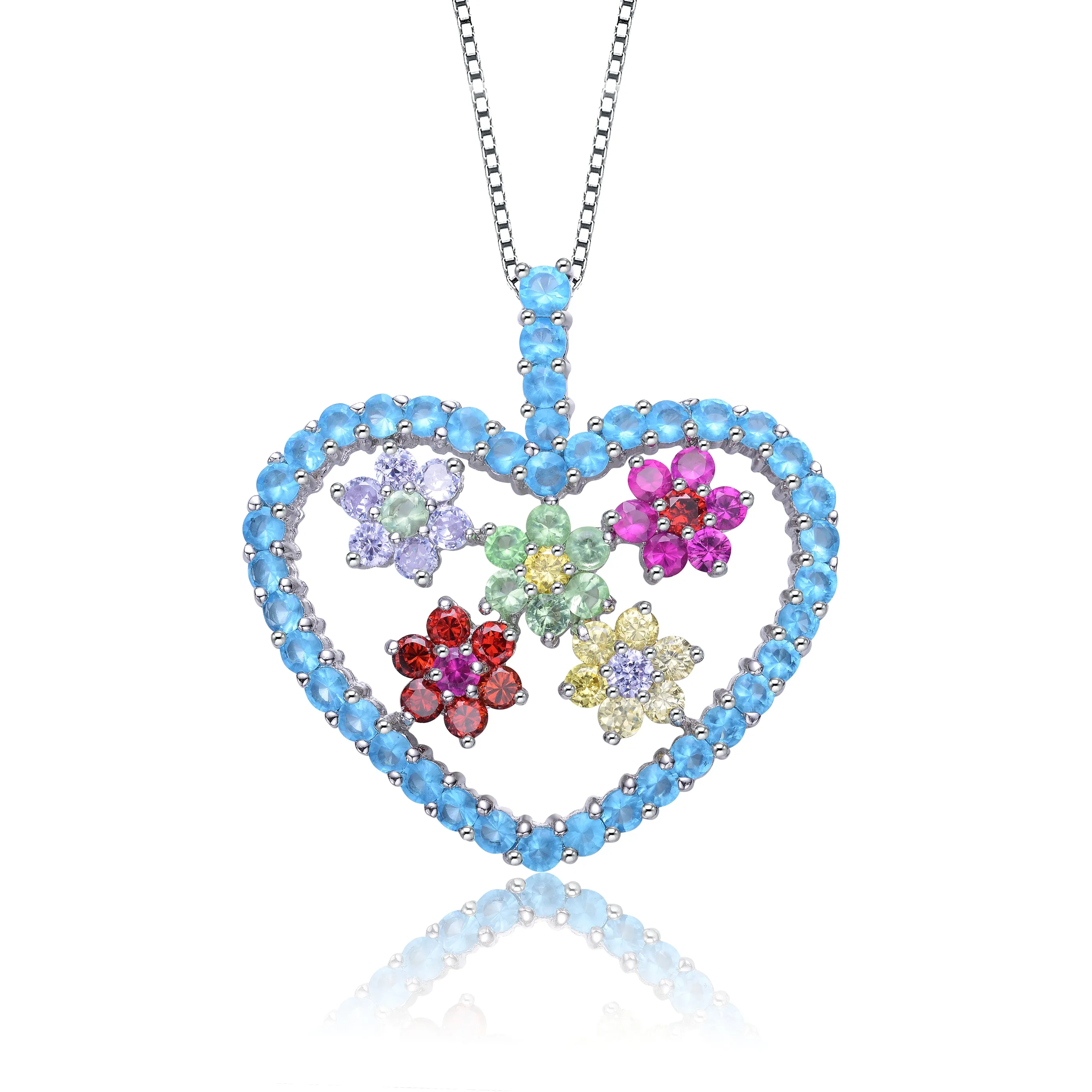 Sterling Silver White Gold Plating with Multi-Colored Cubic Zirconia Heart Shaped Pendant Necklace