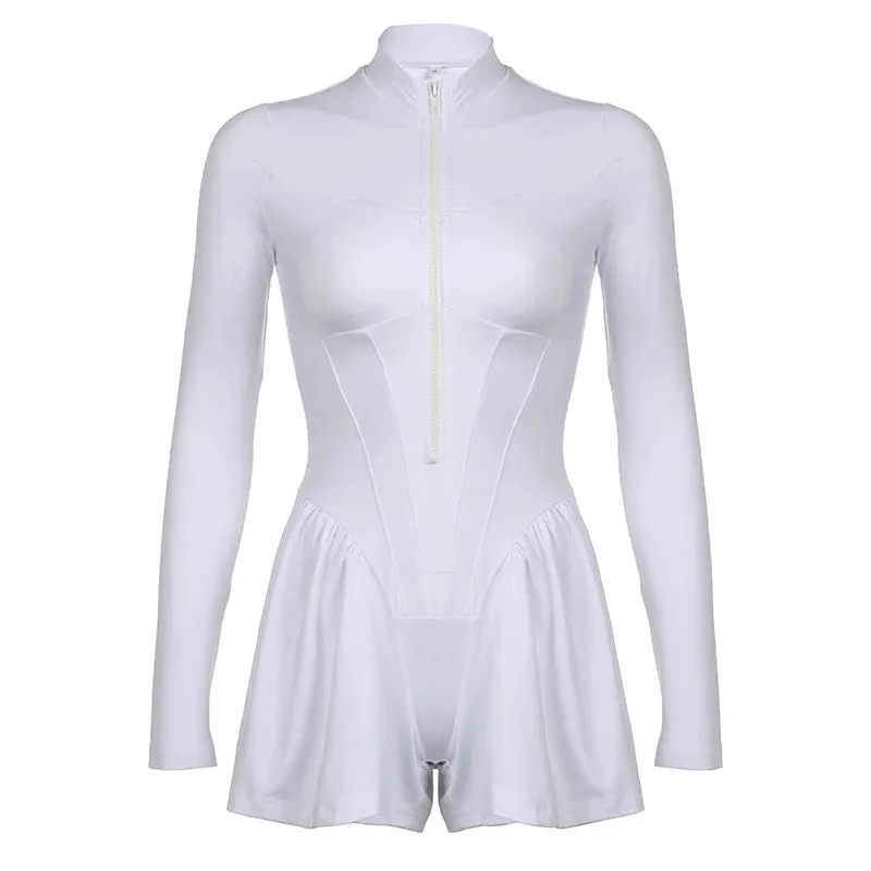 Streetwear Stitched Corset Long Sleeve Playsuit Women Sportswear One Piece Zipper Autumn Short Jumpsuit Rompers