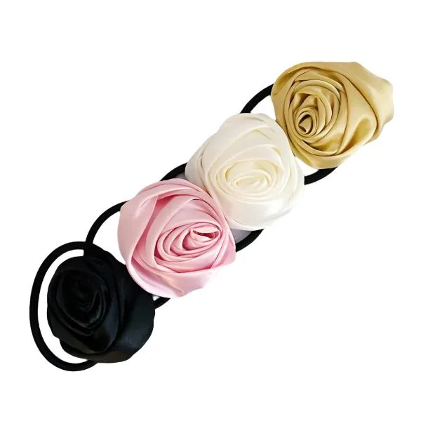 TEEK - 4PC Hand Picked Satin Rose Hair Ties