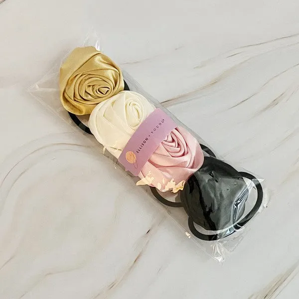 TEEK - 4PC Hand Picked Satin Rose Hair Ties