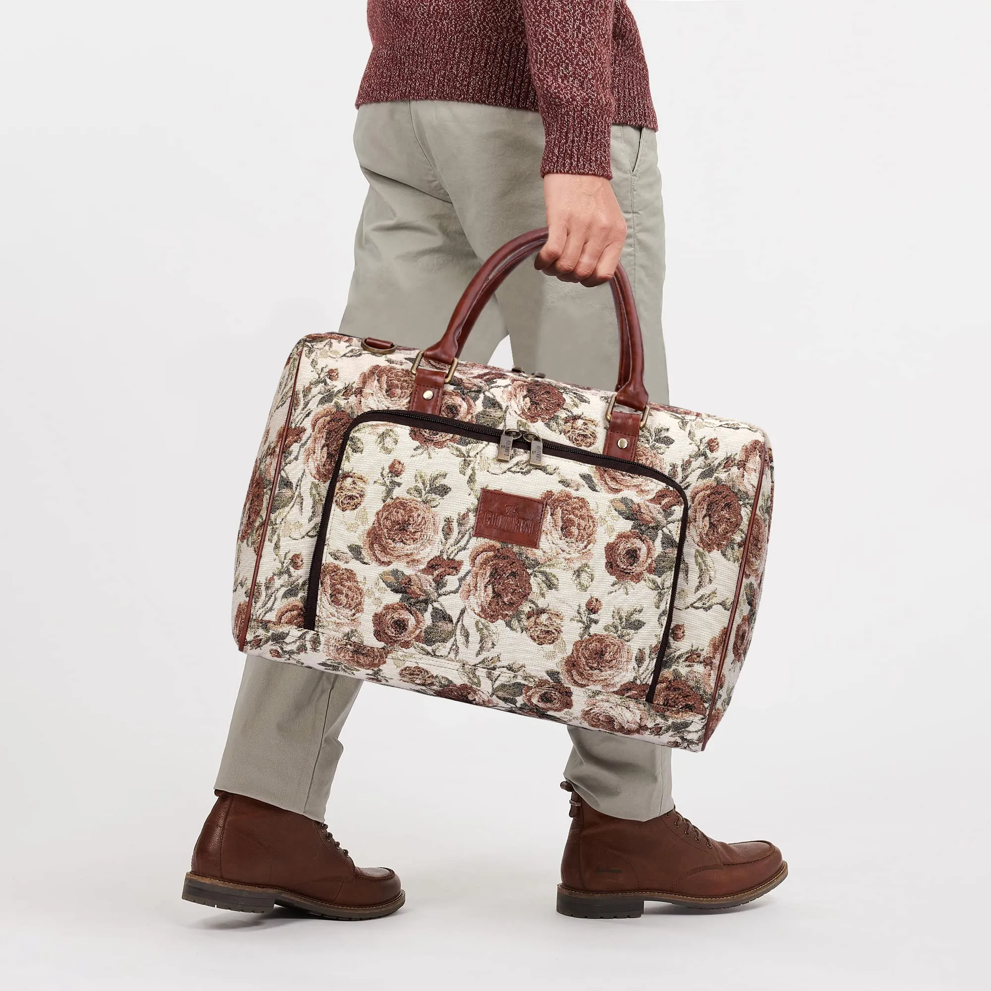 THE CLOWNFISH Fabric Oceania 28 Litres Tapestry Business Travel Duffle Carry-On Luggage Bag With 15.6 Inch Laptop Sleeve (Brown-Floral), 24 Centimeters